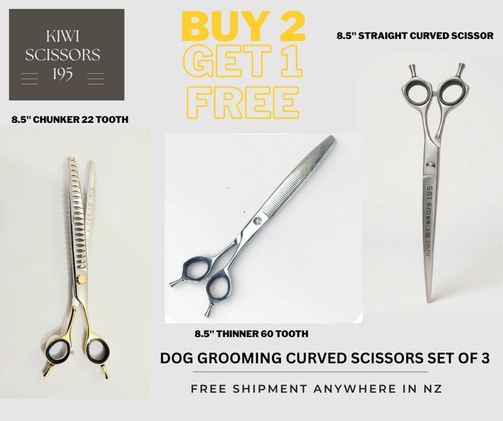 Dog Grooming Scissors Set of 3 (Curved Straight, Curved Chunker & Thinner)