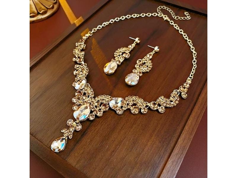 Rhinestone Hollow Water Drop Necklace For Women Elegant Jewelry Set Carousel 1