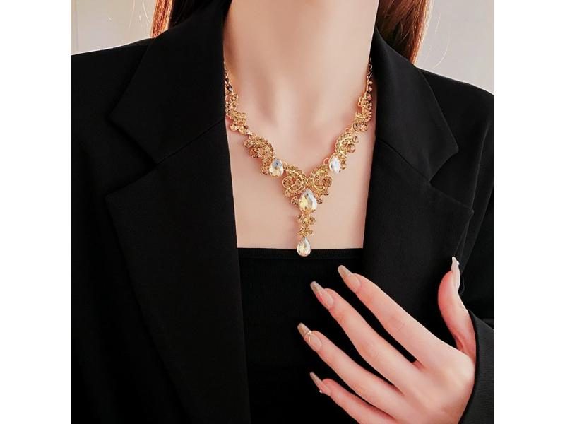 Rhinestone Hollow Water Drop Necklace For Women Elegant Jewelry Set Carousel 2