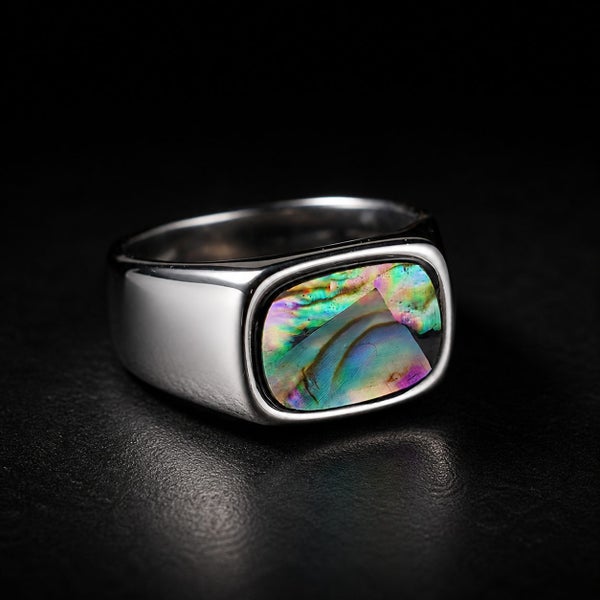 Men’s Titanium Steel Paua Shell Ring – Iridescent Inlay | $1 Reserve! Carousel 1