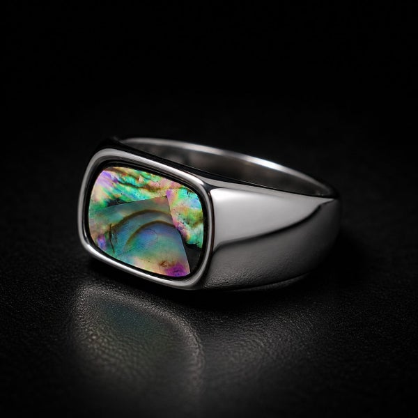 Men’s Titanium Steel Paua Shell Ring – Iridescent Inlay | $1 Reserve! Carousel 2