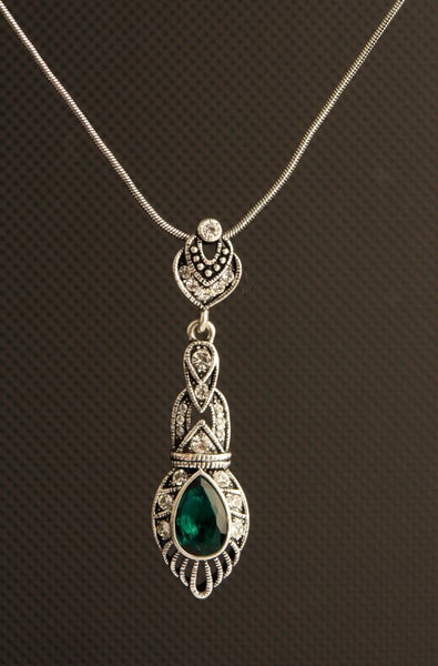GORGEOUS ART DECO STYLE SIM EMERALD, DIAMOND & MARCASITE PENDANT *NO RES*
