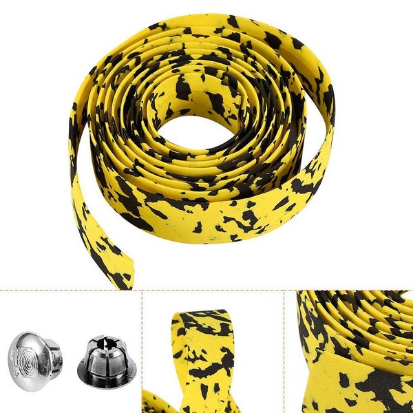 2 x Cycling Handlebar Grip Wrap Tape + 2 Bar Plugs Yellow+Black Carousel 1