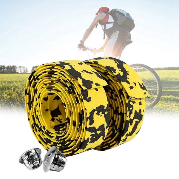 2 x Cycling Handlebar Grip Wrap Tape + 2 Bar Plugs Yellow+Black Carousel 2