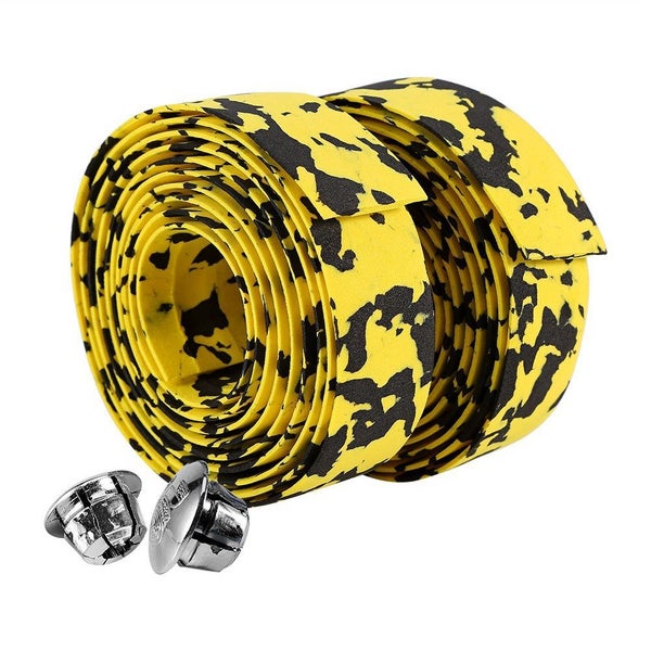 2 x Cycling Handlebar Grip Wrap Tape + 2 Bar Plugs Yellow+Black Carousel 3