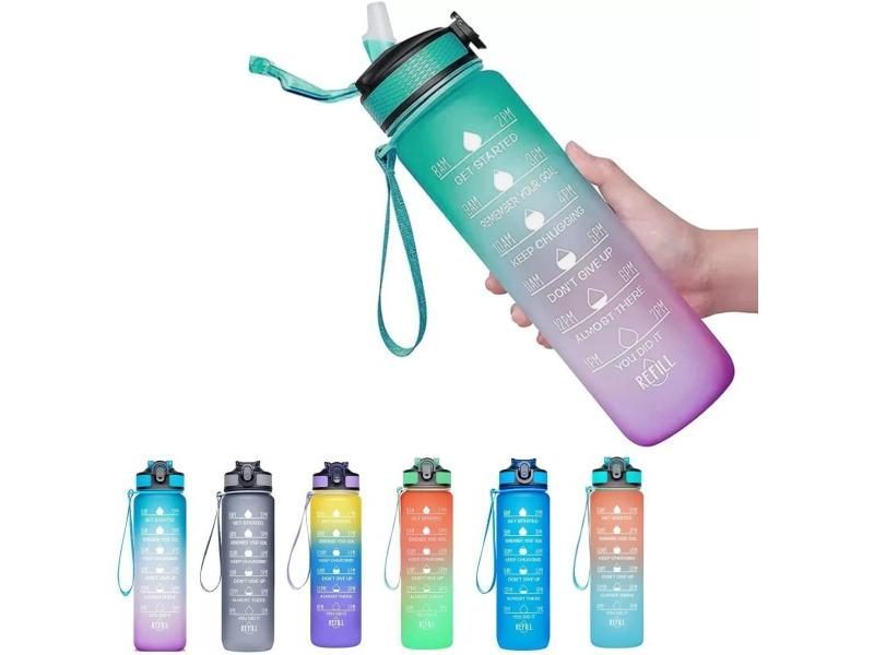 1pc 1000ml Large Capacity Gradient Water Bottle Water Bottle With Straw 1 Litre Carousel 1
