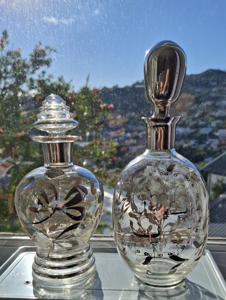 2 x Italian silver painted little decanters or cordial bottles