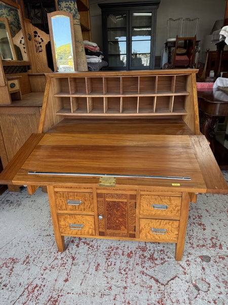 Circa 1950's Solid Rimu Frame With NZ Native Timbers Inlay Drop Front Desk Carousel 2