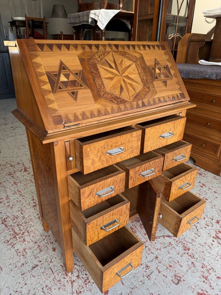 Circa 1950's Solid Rimu Frame With NZ Native Timbers Inlay Drop Front Desk Carousel 1