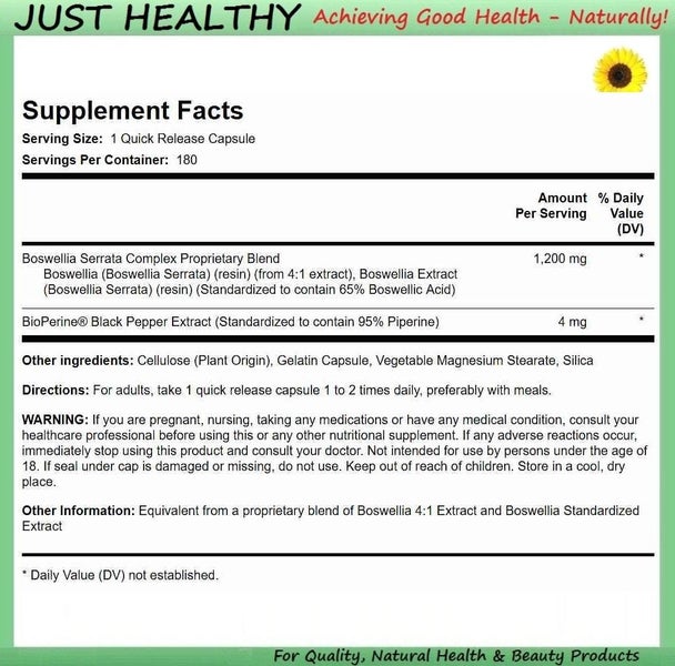 BOSWELLIA SERRATA COMPLEX 1200 mg - 65% BOSWELLIC ACID - ARTHRITIS SUPPORT x180 Carousel 2