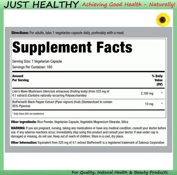 PR LION'S MANE MUSHROOM with BIOPERINE - 2,100 mg - 160 VEGE CAPS Carousel 2