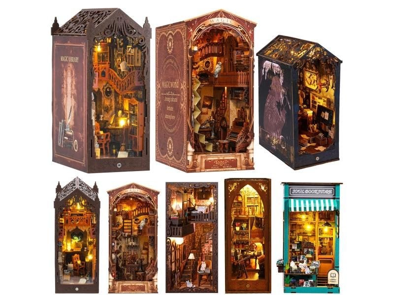 Miniature Wooden Book Nook Kit With Light And Bookend Carousel 2