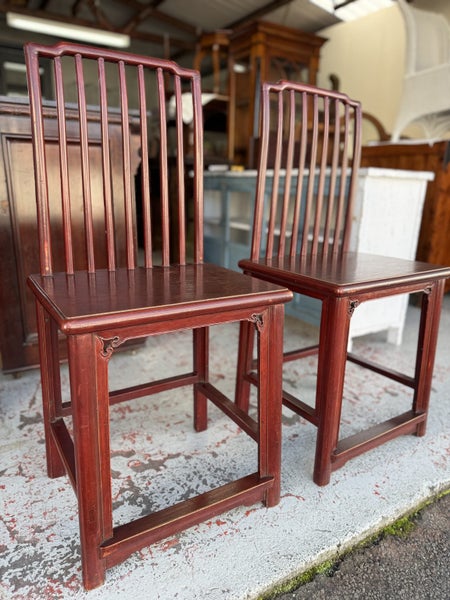 PAIR Circa 1950's Chinese Solid Elm Red Lacquer Chairs Carousel 1