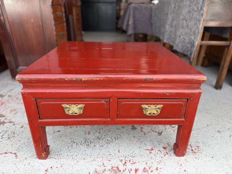 A Vintage Chinese Red Lacquer Square Coffee Table with 2 Drawers Carousel 1