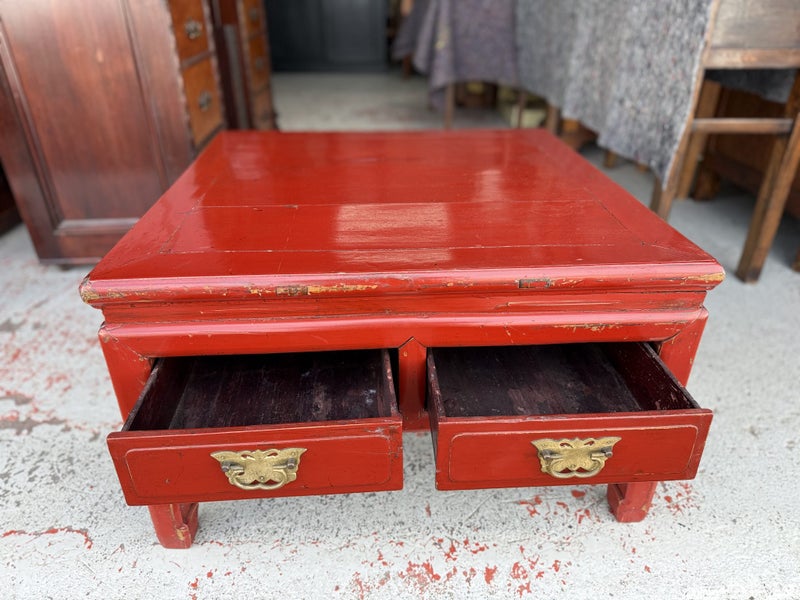 A Vintage Chinese Red Lacquer Square Coffee Table with 2 Drawers Carousel 2