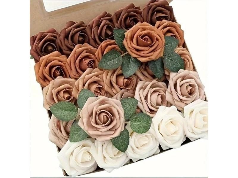 25pcs Realistic Foam Fake Roses With Stems For DIY Wedding Bouquets Carousel 1