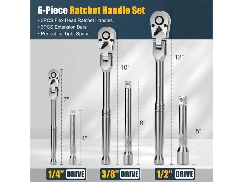 1/4 3/8 1/2 Drive Adjustable Swivel Head Ratchet Set 6 Pcs Carousel 2
