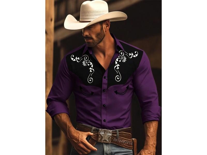 Long-Sleeved Western Cowboy Style Printed Men's Shirt Carousel 1