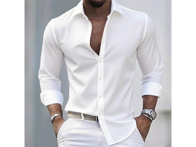 Men's White Casual Stretch Long Sleeve Shirt Carousel 2