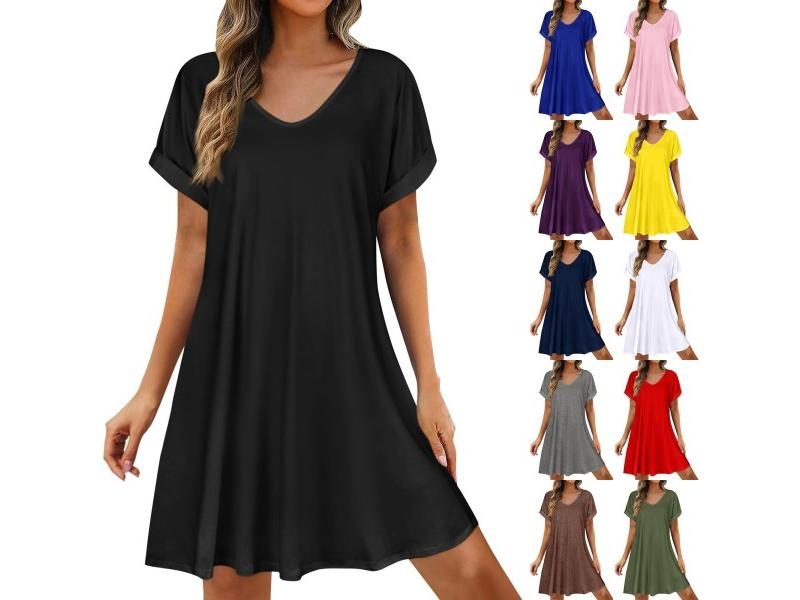 Women Summer Short Sleeve T-shirt Dress Round Neck Swing Carousel 2