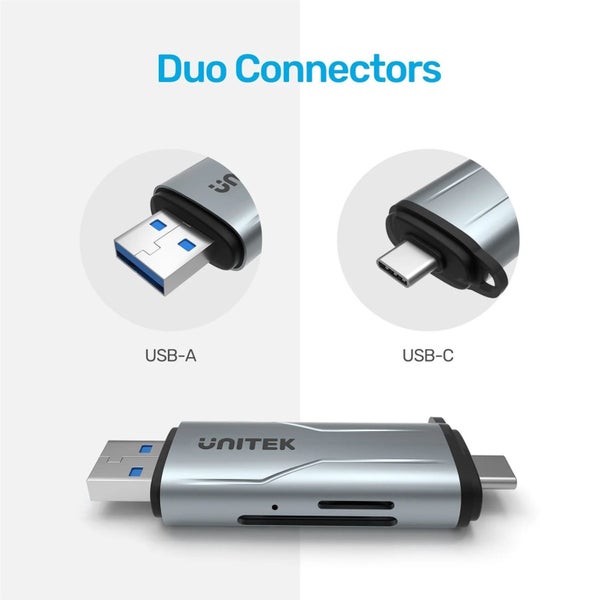 Unitek 2-in-1 SD 3.0 Card Reader - Space Grey Dual USB-A & USB-C Connectors - Carousel 2