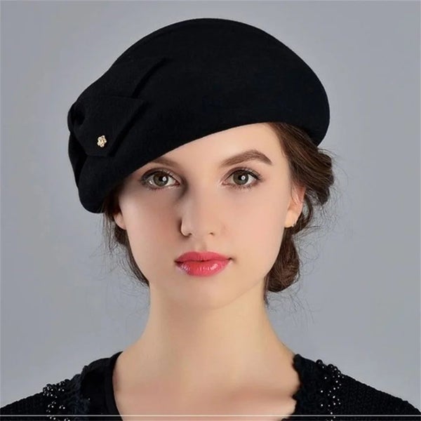 French Berets Caps For Women Fashion 100% Wool Felt Fedora Hat Winter Blu Carousel 2