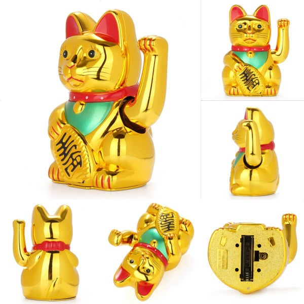 Chinese Lucky Waving Hand Maneki Neko Gold Fortune Feng Shui Cat Moving Arm Carousel 7