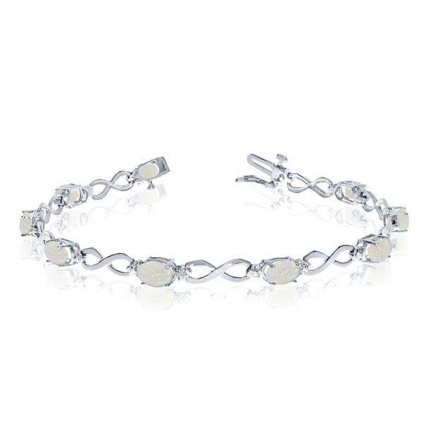 10K White Gold Oval Opal Stones And Diamonds Infinity Tennis Bracelet, 7" Carousel 1