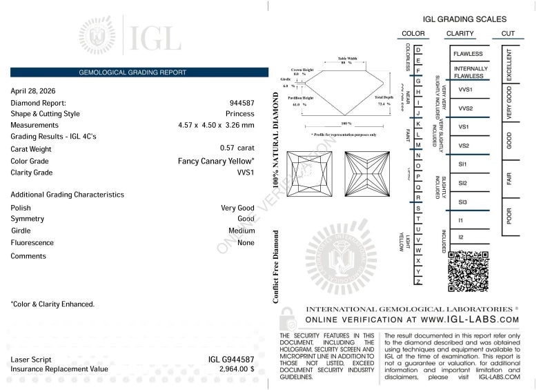 $1 RES * Valuation $5,002.00 * 0.57ct Princess Cut FANCY Diamond Loose IGL CERT Carousel 2