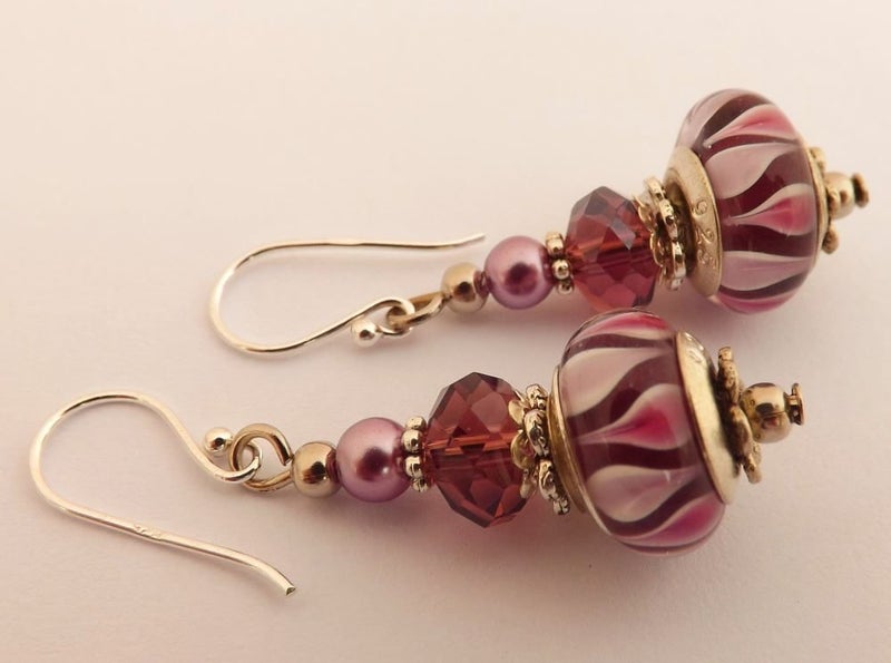 Purple & Pink Art Glass Bead Earrings on Sterling Silver Hooks Carousel 1