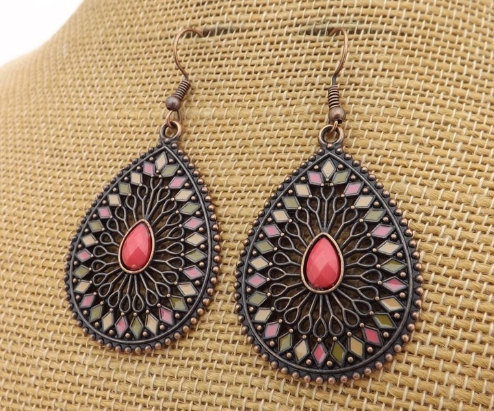 Pink, Green, Cream & Copper Tone Teardrop Earrings Carousel 1