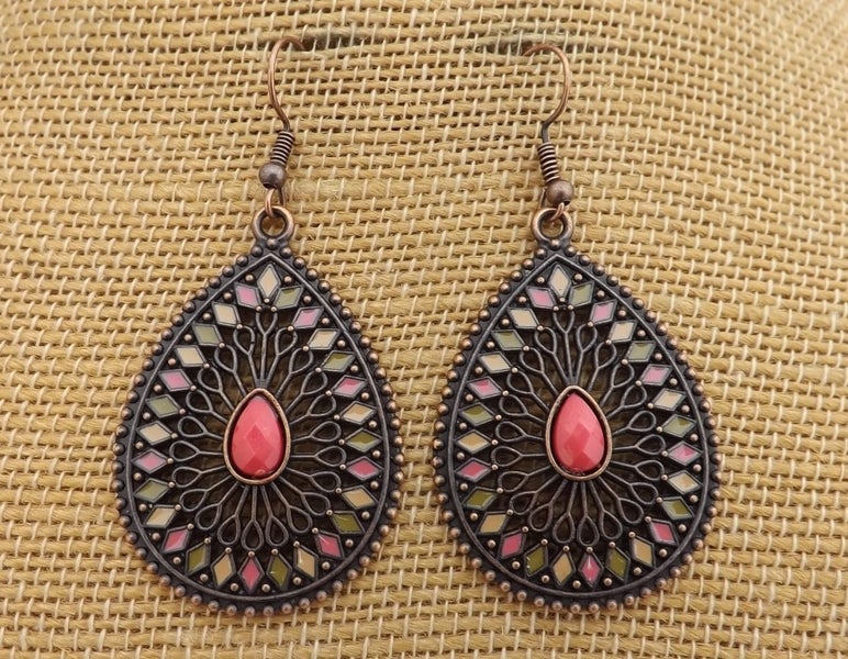 Pink, Green, Cream & Copper Tone Teardrop Earrings Carousel 2