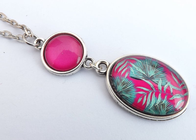 Green Leaves on Hot Pink Double Oval Silver Tone Dome Pendant Carousel 1