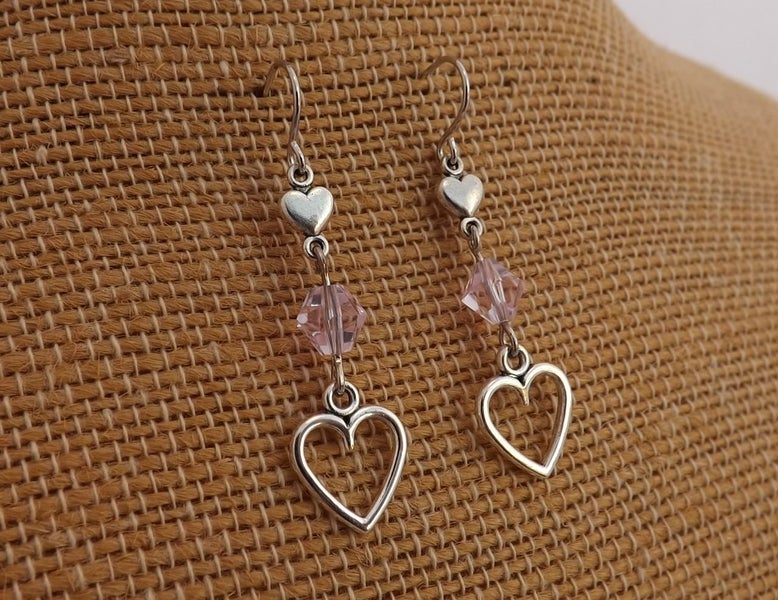 Double Heart & Pink Bead Silver Tone Earrings Carousel 1