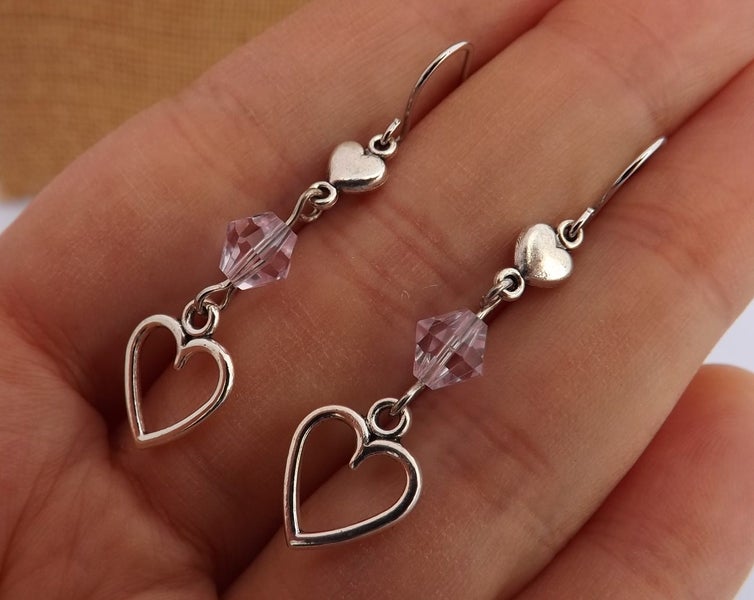 Double Heart & Pink Bead Silver Tone Earrings Carousel 2