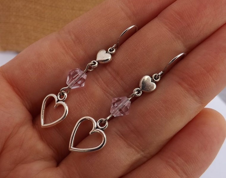 Double Heart & Pink Bead Silver Tone Earrings Carousel 4
