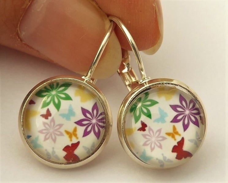 Bright Flowers on White - Dome Earrings on Lever Back Hooks Carousel 1