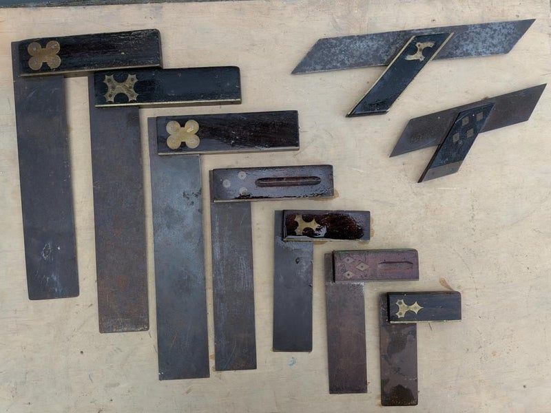 Collection of 9 Antique Carpenters set square and mitre square Carousel 1