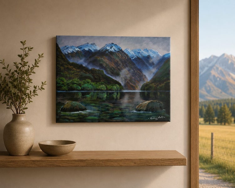 Afterpay - Fiordland Rocky Shoreline - Landscape Painting by Caley Hall Carousel 2