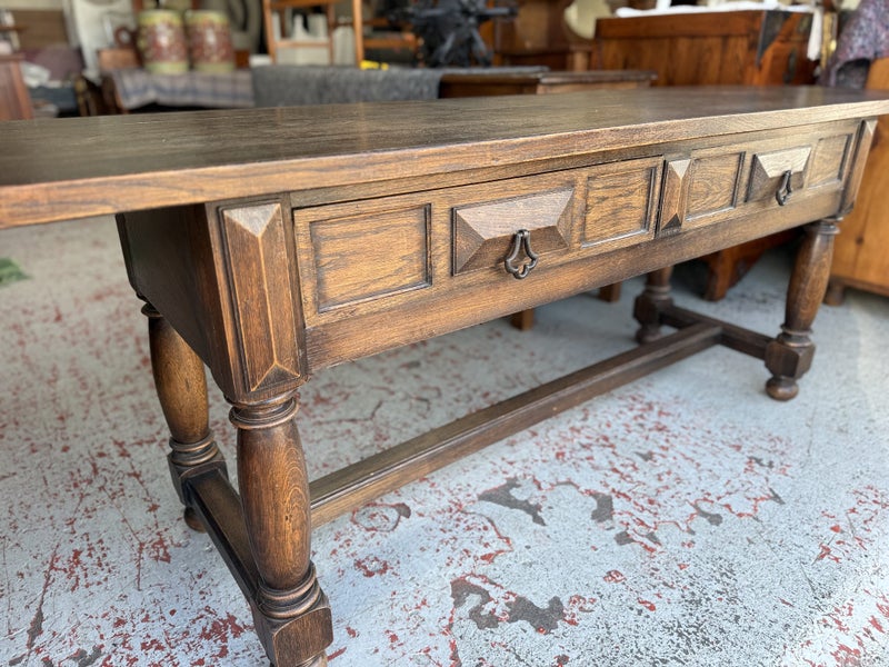 Vintage Solid French Oak Hall Table with Wrought Iron Details Carousel 2