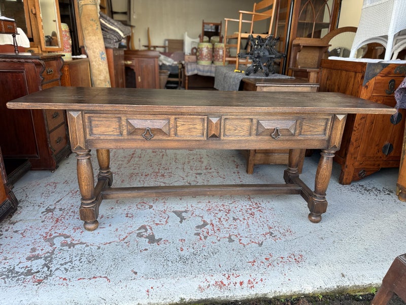 Vintage Solid French Oak Hall Table with Wrought Iron Details Carousel 1