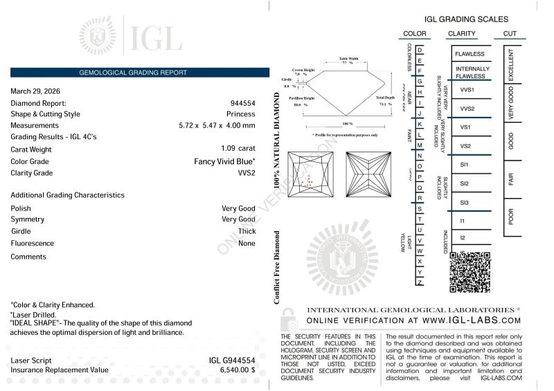 $1 RES * Valuation $11,271.00 * 1.09ct Princess Cut FANCY Diamond Loose IGL CERT Carousel 2