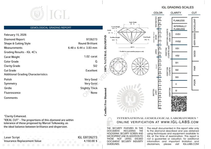 $1 RES * Valuation $7,152.00 * 1.02ct ROUND Cut WHITE Diamond Loose IGL CERT Carousel 2