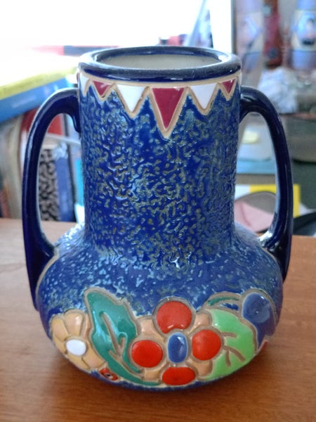 Rare Nouveau to Deco HANDLED Imperial Amphora Bohemia Lozenge Floral VASE Carousel 2
