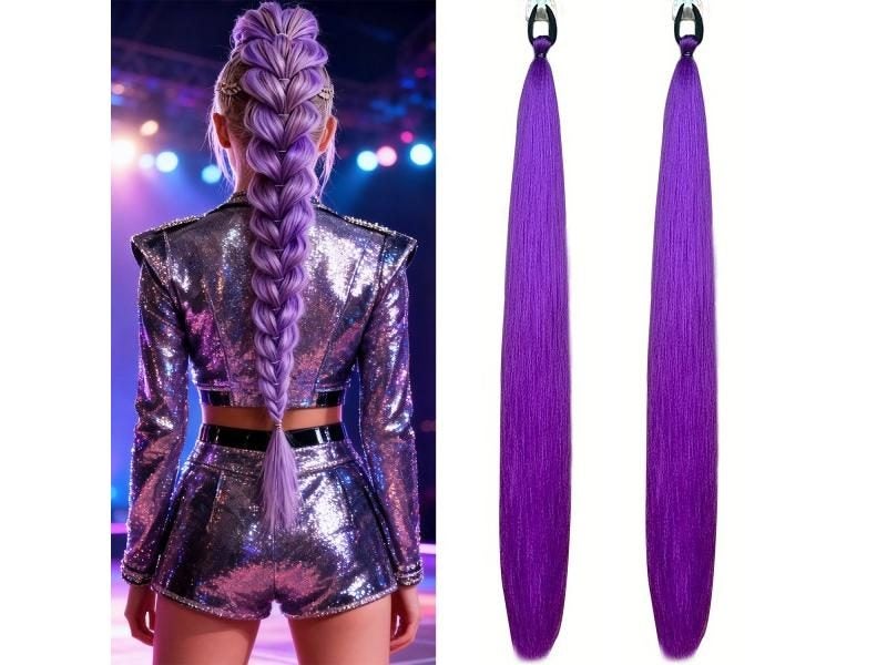 2Pcs Long Straight Purple Synthetic Ponytail For Halloween Carousel 2