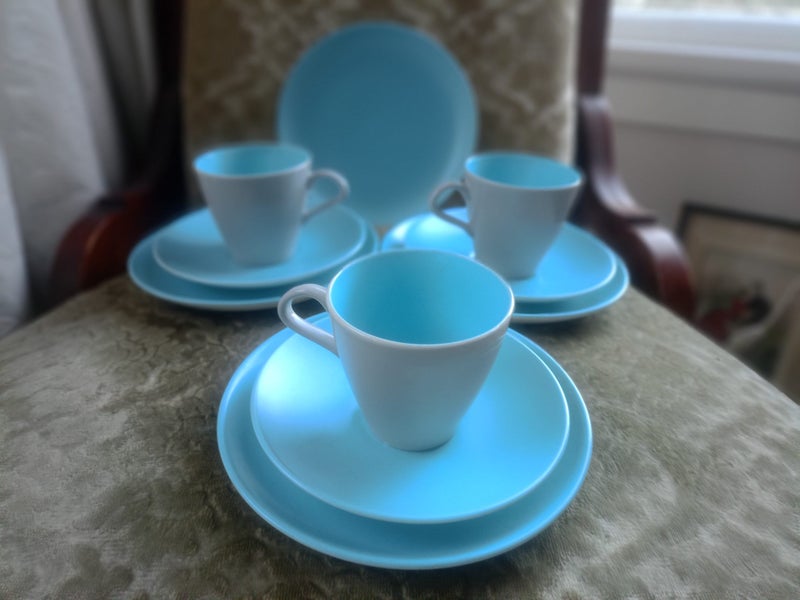 POOLE POTTERY 1960s THREE Gorgeous Blue and Grey Glossy TRIOS Carousel 1