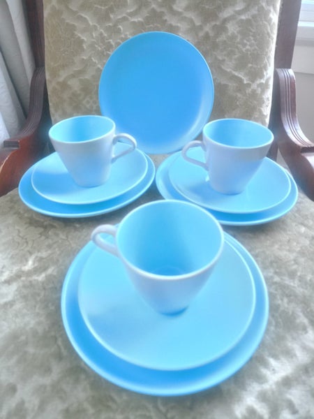 POOLE POTTERY 1960s THREE Gorgeous Blue and Grey Glossy TRIOS Carousel 2