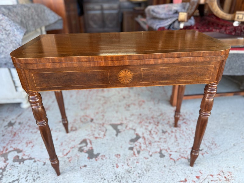 A Quality Marquetry Inlay Swivel Top Solid Walnut Games Table Carousel 1