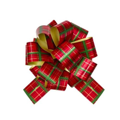 Ribbon Pull Bow Pom Pom Tartan Plaid Red Green Pack of 5 30mmx12.5cm Carousel 1