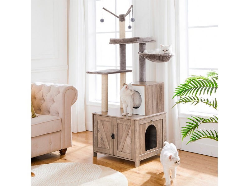 Cat Tree Tower Cat Scratcher Furniture with Car Litter Box Cabinet 60cm x 150cm Carousel 1